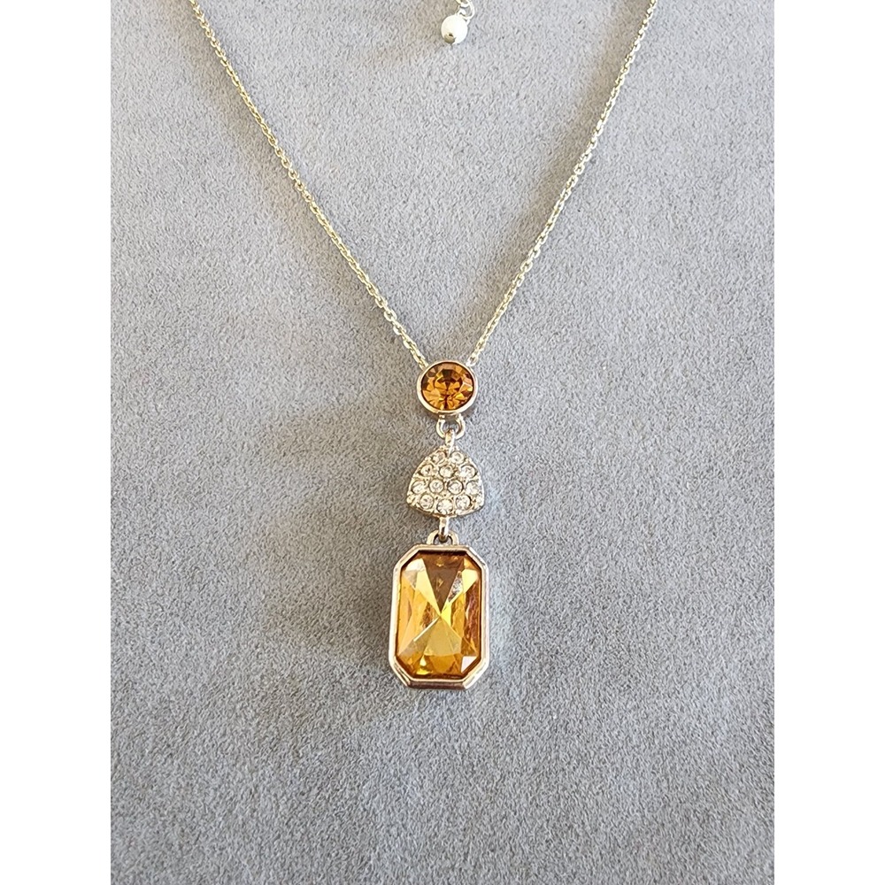 Vtg SAQ Signed Crystal 'Stack The Odds' Pendant Necklace Gold Tone Avo FREE $HIP